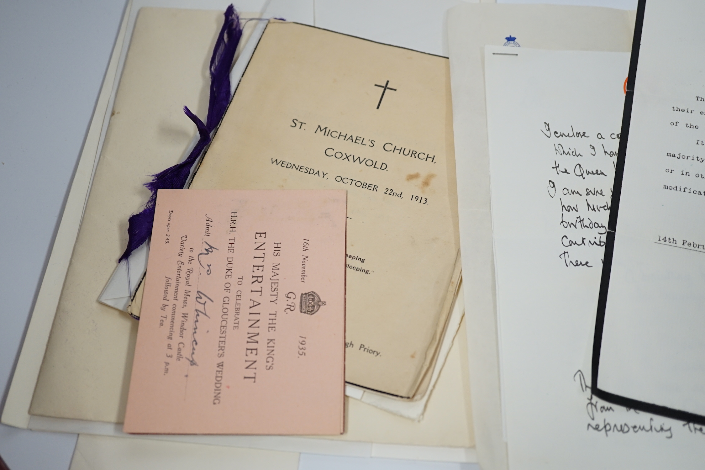 An archive of Royal memorabilia mainly relating to one employee of the Royal Household including; a personal letter from George, Duke of Kent on St. James’ Palace headed notepaper, an original official photocopy of a let